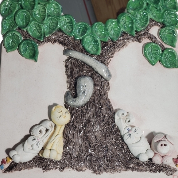 Clay molded Wall Art Mirror cute Tree with animals signed CK - Picture 5 of 11